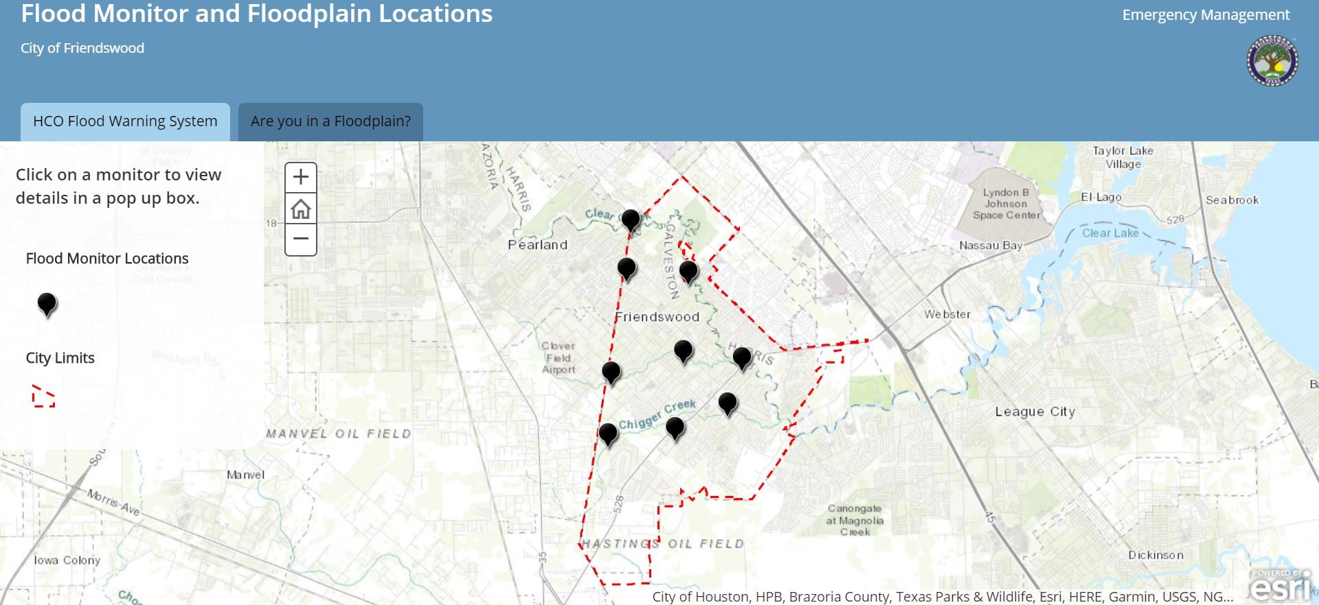 Friendswood Geographic Information Systems Flood Monitor and Floodplain Locations (JPG) Opens in new window